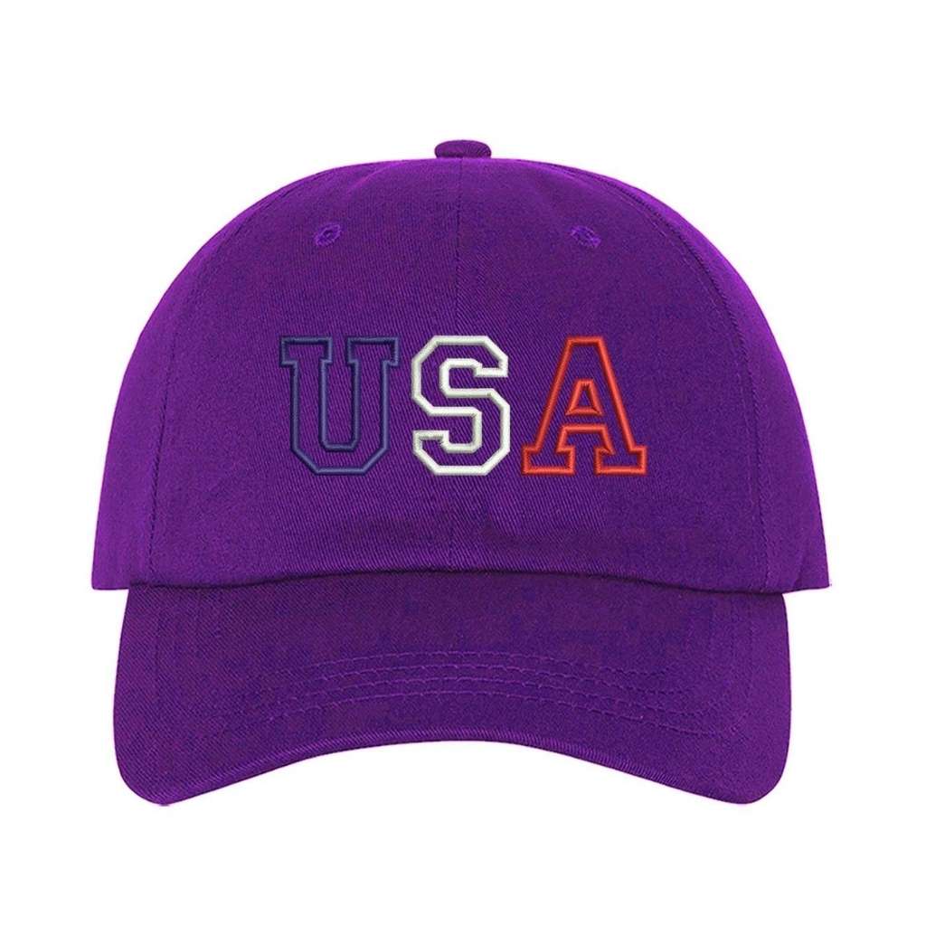 Purple baseball hat with USA embroidered in red, white, and blue - DSY Lifestyle