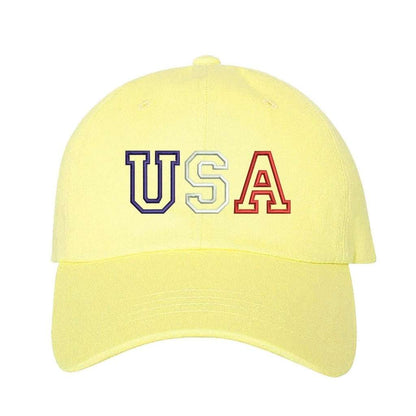Soft yellow baseball hat with USA embroidered in red, white, and blue - DSY Lifestyle