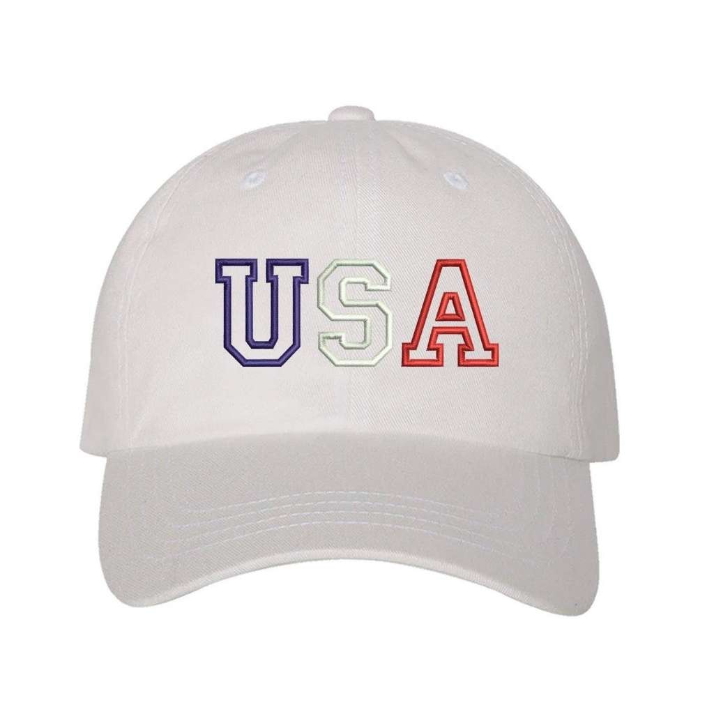 White baseball hat with USA embroidered in red, white, and blue - DSY Lifestyle