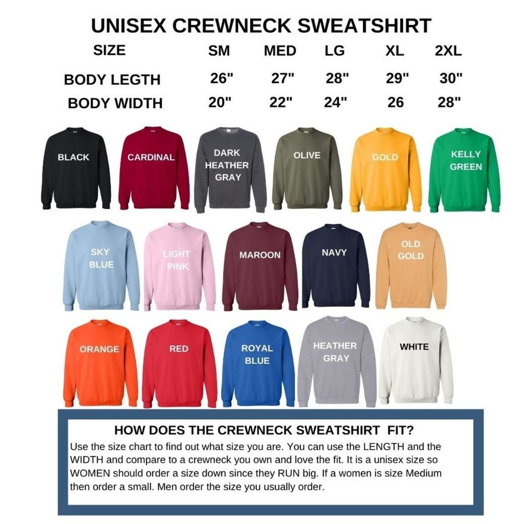 Crewneck Sweatshirt color and size chart- DSY Lifestyle