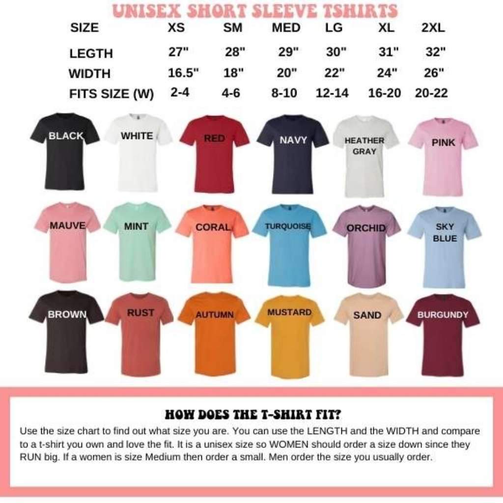 Color and size chart for our unisex t-shirts available in black white red navy heather gray pink mauve mint coral turquoise orchid sky blue brown rust autumn mustard sand and burgundy - DSY Lifestyle