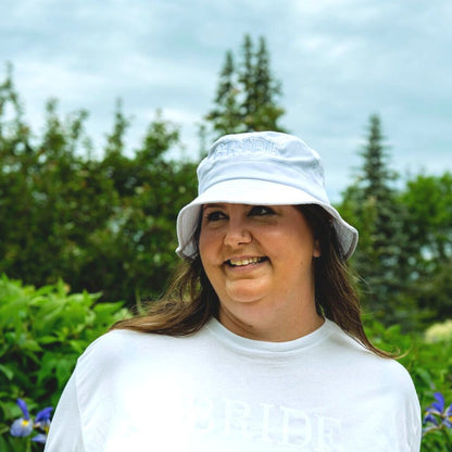 Female wearing a white bucket hat embroidered with Bride in white thread - DSY Lifestyle