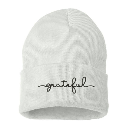 White beanie embroidered with grateful in black thread - DSY Lifestyle
