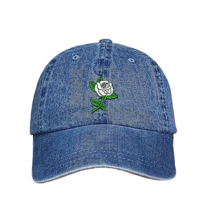 Light denim baseball hat with white rose embroidered - DSY Lifestyle