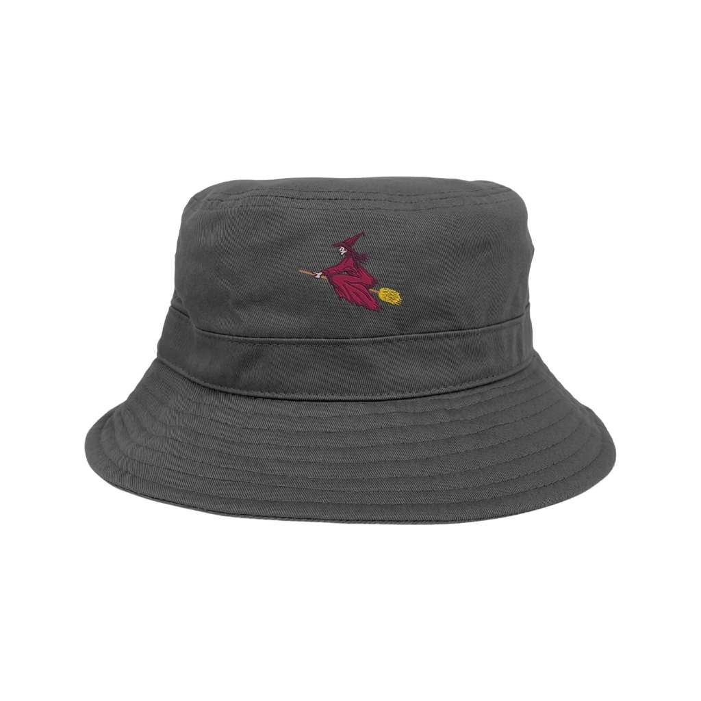Embroidered witch on gray bucket hat