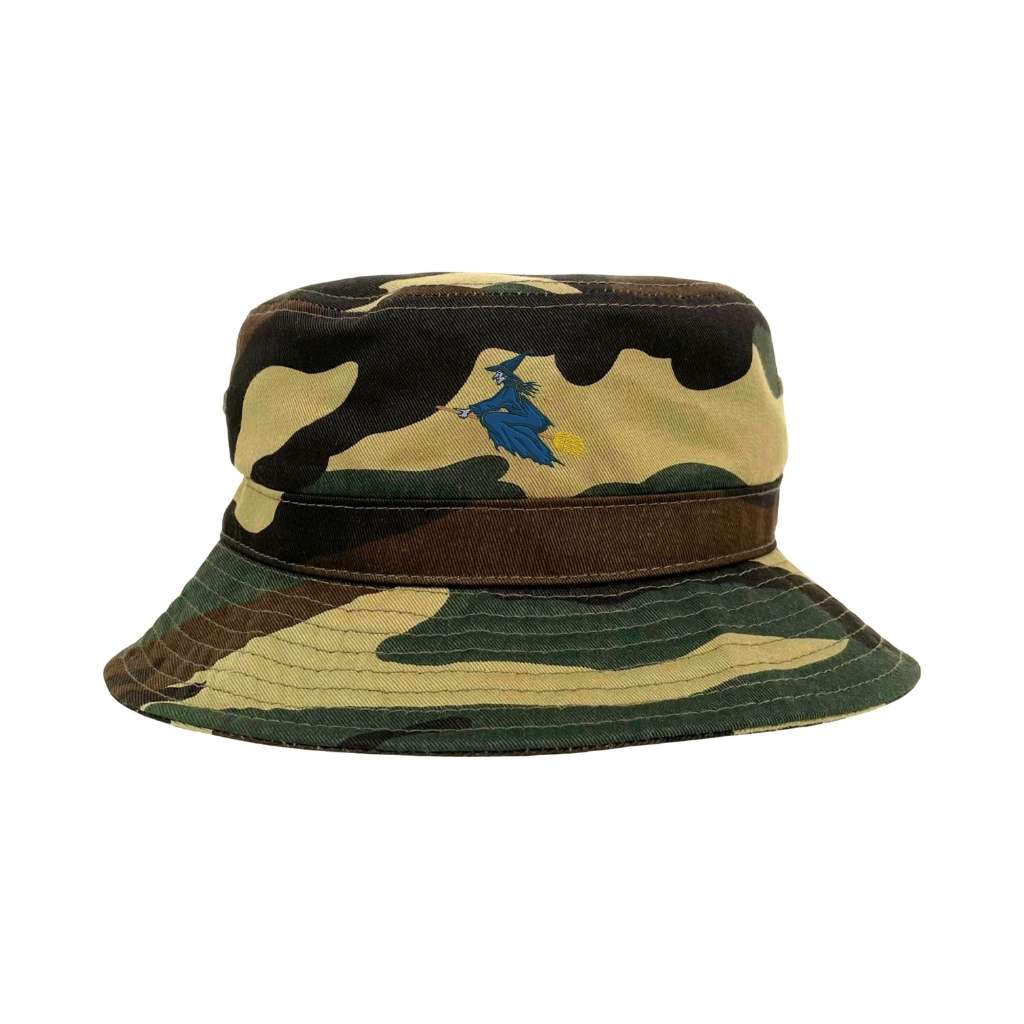 Embroidered witch on camo bucket hat