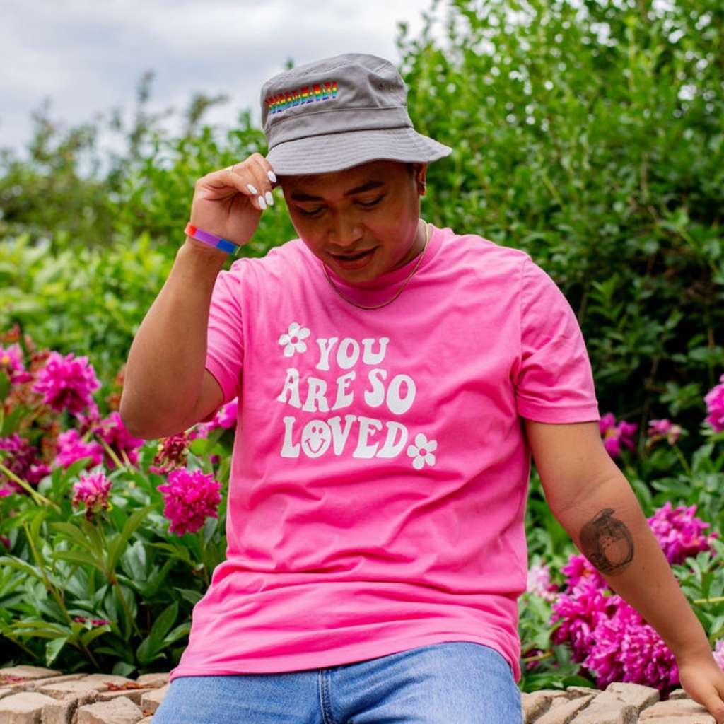 Male wearing a pink tshirt with You are so loved - DSY Lifestyle