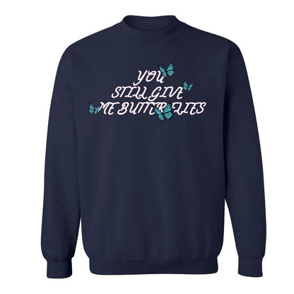 Navy sweatshirt with 4 blue butterflies and  You still give me butterflies printed in the front in white - DSY Lifestyle