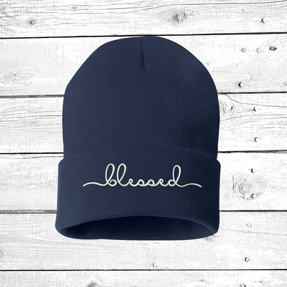 Unisex Blessed Cuffed Beanie Hat, Embroidered Beanie Cap, Cuffed Beanie, Blessed Beanie Hat, Custom Embroidery, Blessed, Thanksgiving Hat, Cursive Text, Embroidered Text, Navy Beanie Cap Hat, DSY Lifestyle Beanie, Made in LA