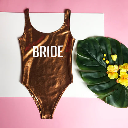 Bride &amp; Team Bride One-Piece Swimsuit, Holographic Bathing Suit, Printed Bathing Suit, Gold Printing, Bride Swimsuit, Team Bride Swimsuit, DSY Lifestyle Swimwear, Copper Swimsuit, Made in LA