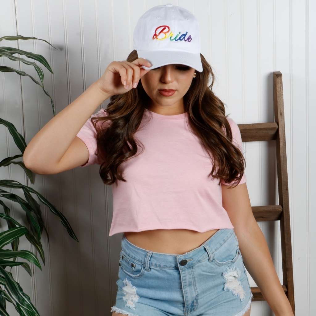 model wearing white embroidered pride in rainbow - DSY Lifestyle