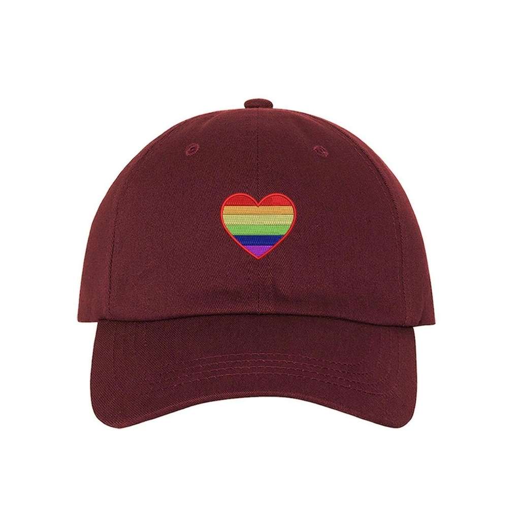 Burgundy baseball hat with pride heart embroidered on the front - DSY Lifestyle