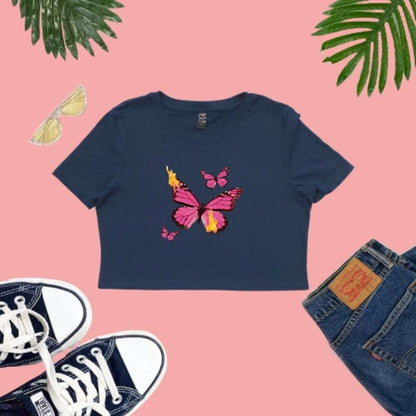 Navy crop top with butterflies printed on it - DSY Lifestyle
