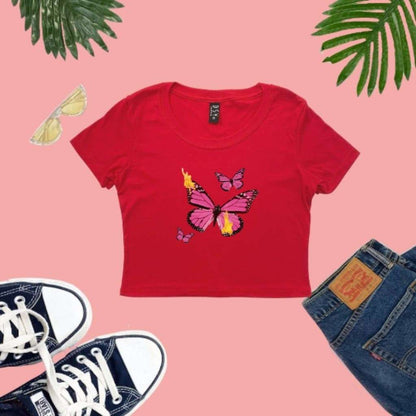 Red crop top with butterflies printed on it - DSY Lifestyle