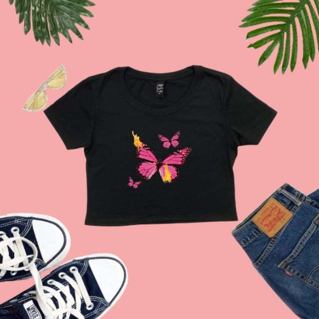 Black crop top with butterflies printed on it - DSY Lifestyle