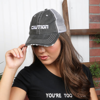 Caution Distressed Trucker Hat, Unisex Trucker Hat, Embroidered Trucker Hat, Distressed Caution Hat, Custom Embroidery, DSY Lifestyle Trucker Hat, Black Trucker Hat, Made in LA