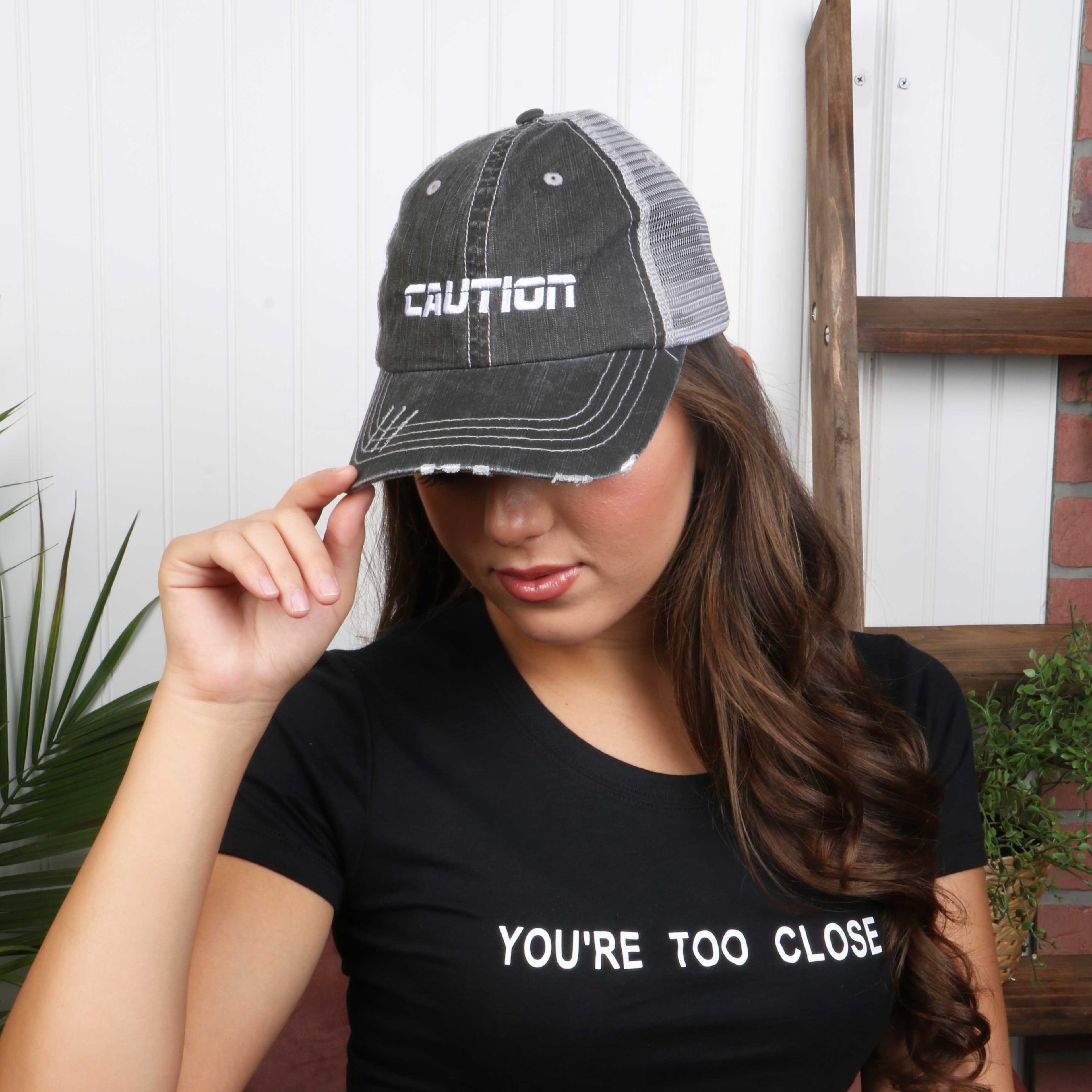 Caution Distressed Trucker Hat, Unisex Trucker Hat, Embroidered Trucker Hat, Distressed Caution Hat, Custom Embroidery, DSY Lifestyle Trucker Hat, Black Trucker Hat, Made in LA