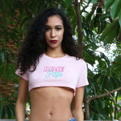Model wearing pink underboob top with Dime Papi printed on it - DSY Lifestyle