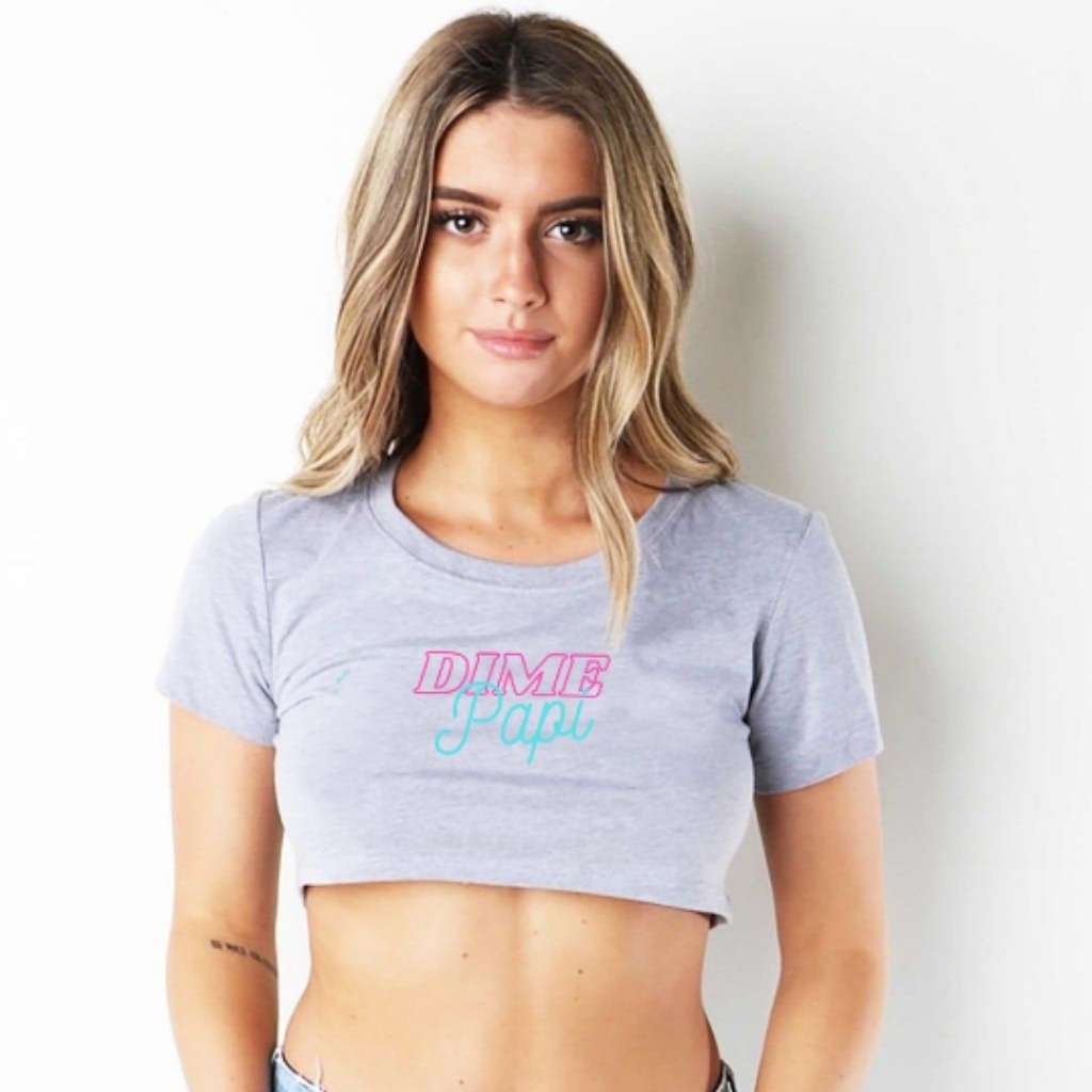 Model wearing heather grey underboob top with Dime Papi printed on it - DSY Lifestyle