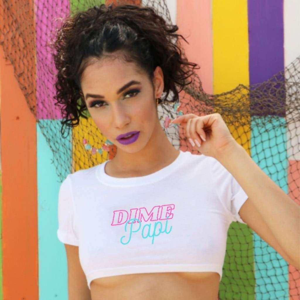 Model wearing white underboob top with Dime Papi printed on it - DSY Lifestyle