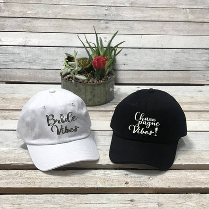 Bride Vibes and Champagne Vibes Dad Hat Set, Embroidered Bride Vibes Dad Hats, Embroidered Champagne Vibes Hat, Baseball Hat, Bridal Hats, Bride Hats, Bachelorette Hats, Embroidered Hat, Custom Embroidery, DSY Lifestyle Hat, Black Dad Hat, White Dad Hat, Made in LA 