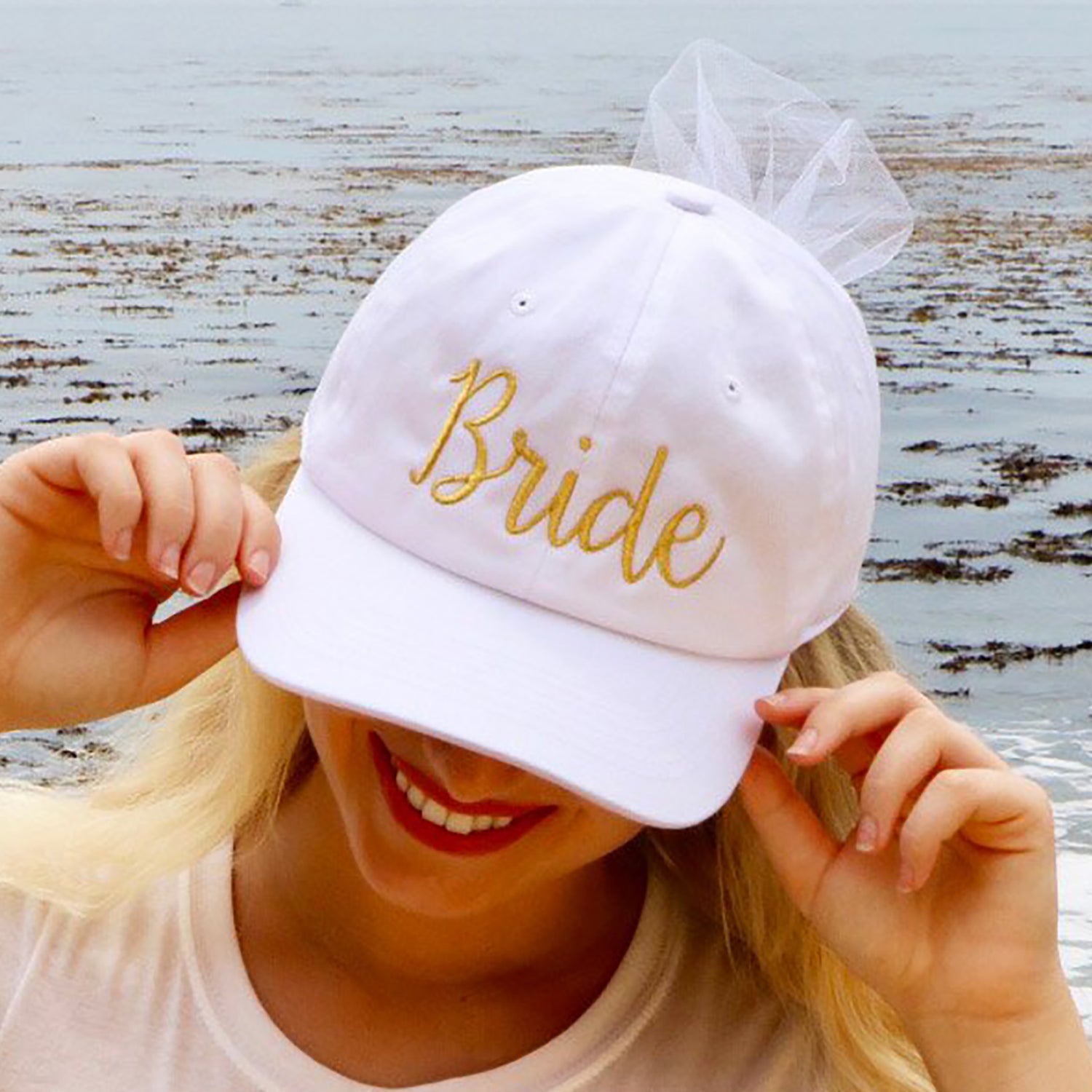 Bride Dad Hat with Veil, Baseball Hat, Bride Hat, Hat with Veil, Bride Dad Hat, Embroidered Hat, Custom Embroidery, Gold Embroidery, White Dad Hat, DSY Lifestyle, Made in LA