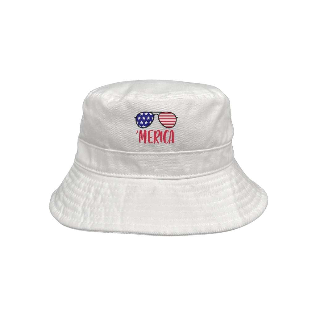 Embroidered Merica and sunglasses on white bucket hat - DSY Lifestyle