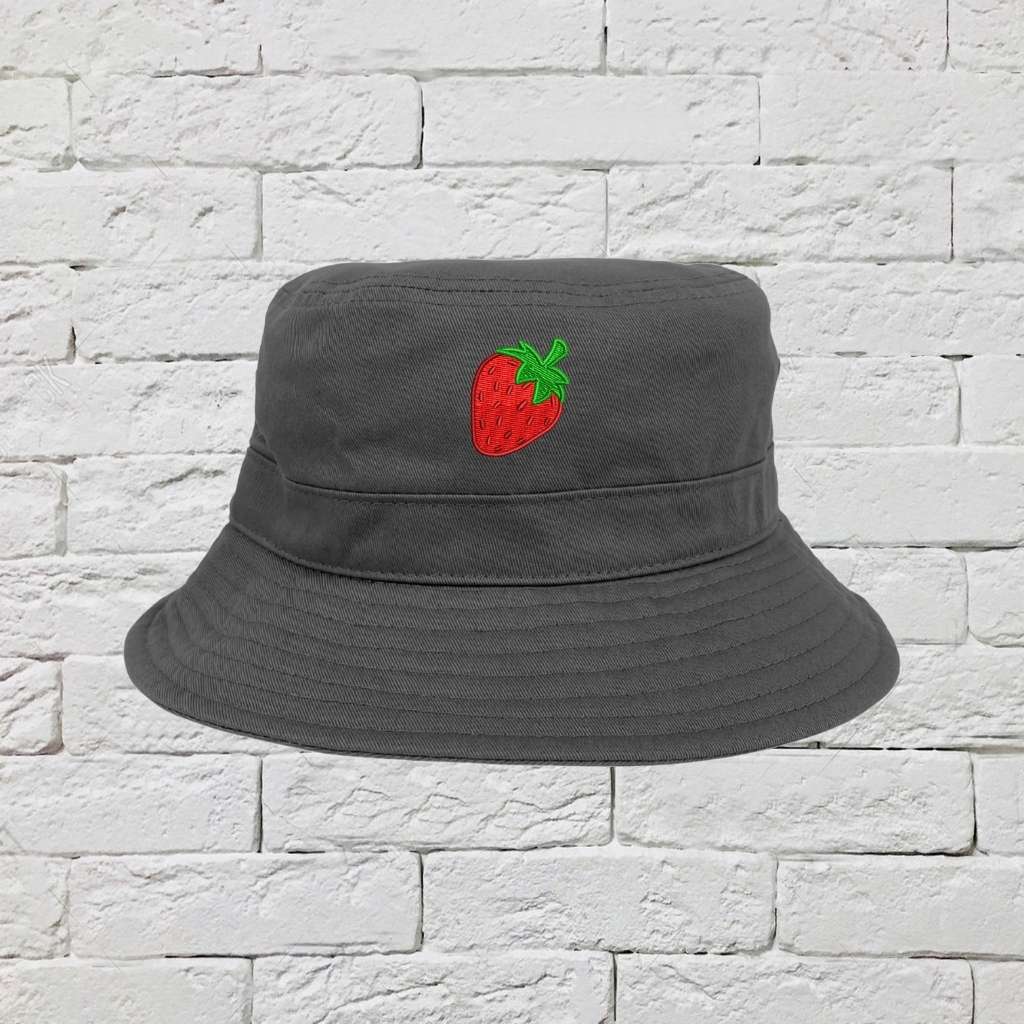 Embroidered strawberry on grey bucket hat - DSY Lifestyle