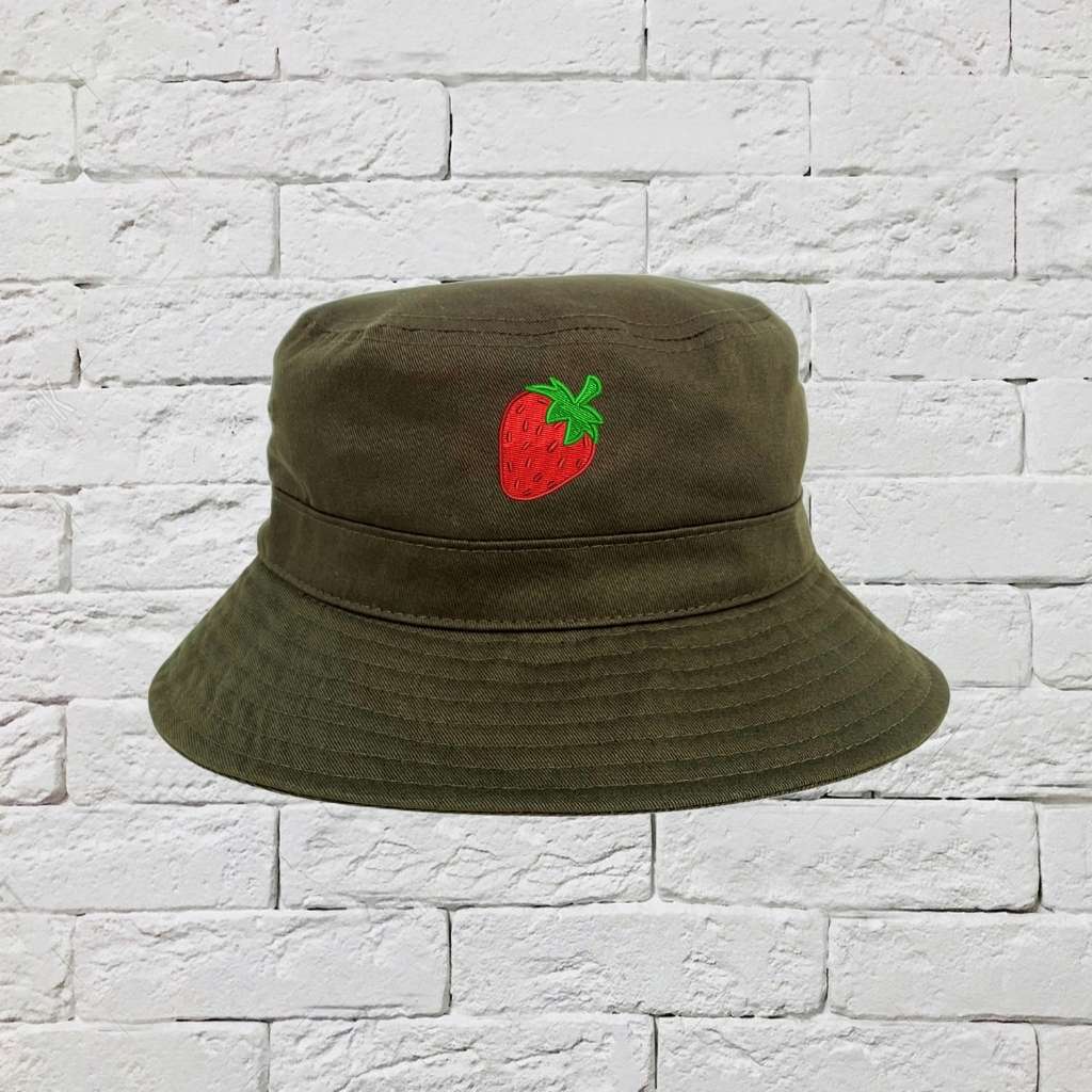 Embroidered strawberry on olive bucket hat - DSY Lifestyle