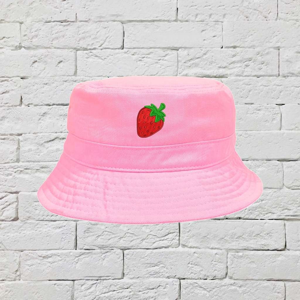Embroidered strawberry on pink bucket hat - DSY Lifestyle
